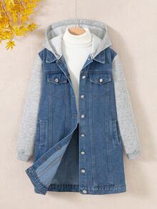 Tween Girl Dark Blue Washed Denim Jacket, Mid-Length Long Sleeve Hooded Patchwork Knit Fabric Casual Basic Jacket, Suitable For Daily Wear In All Seasons. The Mid-Length Jacket Can Be Paired With Pants, Leggings, Boots, Or Long Sleeve Sweaters, Perfect For Indoor And Outdoor Wear In Autumn/Winter. The Loose Fit Design Makes It Easy To Style. - Dark Wash - View 4