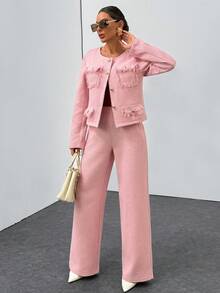 EURMUSE Women's Pink Tweed 2 Pieces Set – Long Sleeve Button Front Jacket With Fringe Pockets & High Waist Wide Leg Trousers, Elegant Casual Suit - Pink - View 5