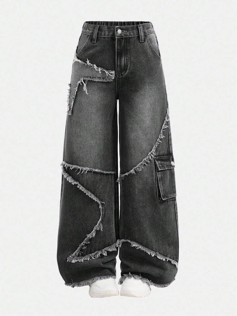 SHEIN Girlism بنطلون جينز واسع الساق مغسول مع حواف مبرودة، ملابس عصرية لفتيات المراهقات في طراز Fairycore، مناسب للمدرسة والشارع - الأسود - مشاهدة 1