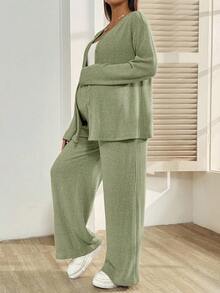 SHEIN 2 pièces Ensemble de maternité : Cardigan à manches longues unicolore et boutonnage simple, et pantalon à taille ajustable, décontracté - Vert - Voir 7