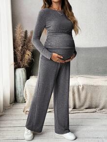 MaterniWear 圆领长袖针织T恤和可调节腰围直筒裤，女式直筒裤，秋季套装，宽松套装，适合婴儿洗礼礼物 - 深灰色 - 查看 3