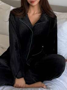 DAZY Women's Plush Contrast Trim Design Fluffy Cozy Pajama Set, Winter - Black - View 6