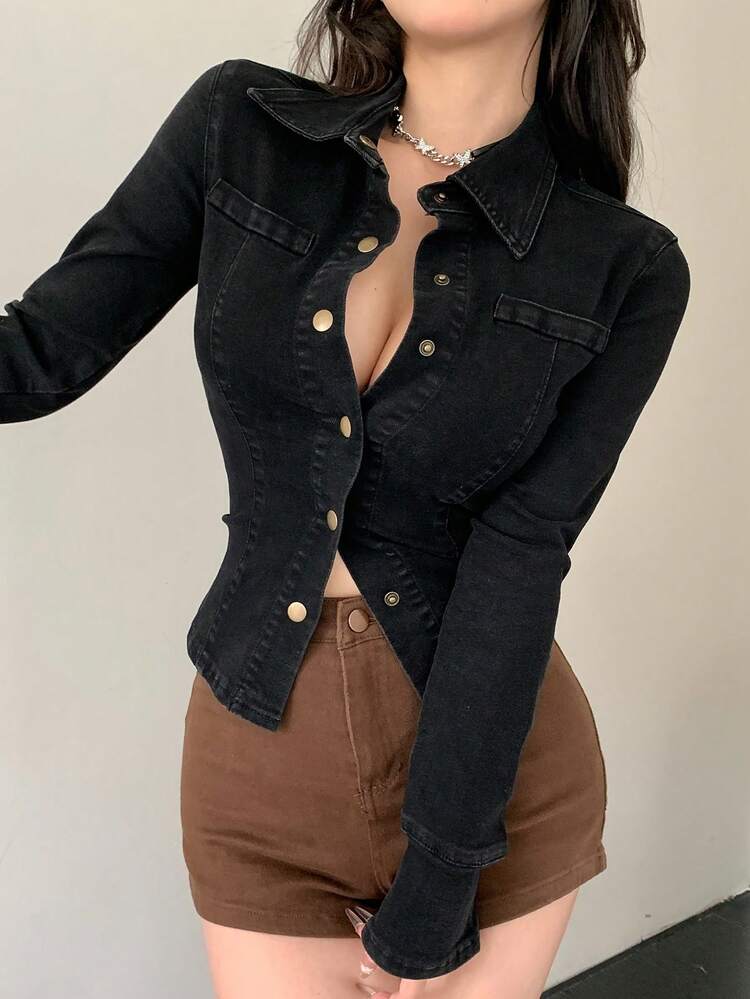 Women Single-Breasted Casual Denim Tight Top With Long Sleeves, Autumn,Jeans Jacket,Fall Women Clothes