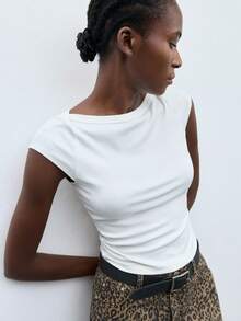 Maija Women's Plain Round Neck Cap Sleeve Casual T-Shirt, Summer Leopard Skirt Fitted Top Cap Sleeve Top Cheetah Skirt,Autumn Outfits For Women, Christmas Women's Clothing - White - View 8