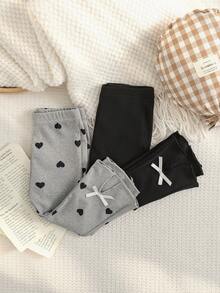 SHEIN 2pcs/Set Baby Girls' Casual Soft Fabric Cute Bow Flared Hem Pants, Autumn - Multicolor - View 1