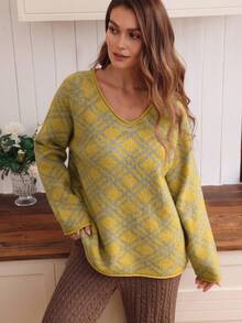 Louniche Women's Casual College Style Loose Fit V-Neck Raglan Sleeve Plaid Pattern Sweater, Autumn/Winter
