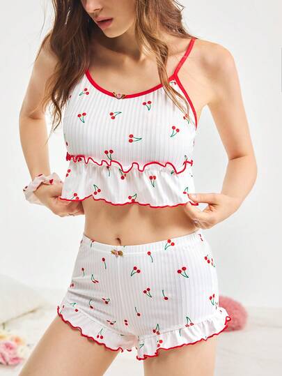 Bonmuse 女士白色樱桃印花荷叶边睡衣套装