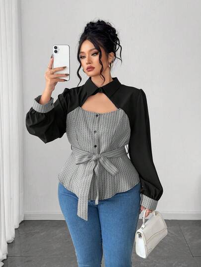 Elenzga 大码女式优雅通勤衬衫，有领，镂空色块设计，长袖，腰带装饰，修身剪裁，百搭前开襟