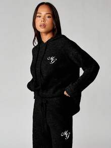 MISSGUIDED Oversized Knitted Hoodie With Logo Embroidery Cozy Winter Pullover Sweater - Black - View 1