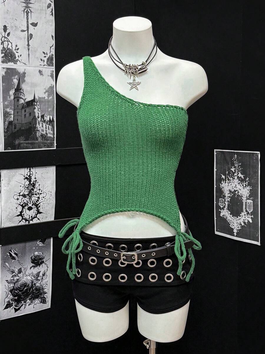 EgrlEra Y2K 性感单肩针织背心搭配系带女士针织上衣 - 綠色 - 查看 1