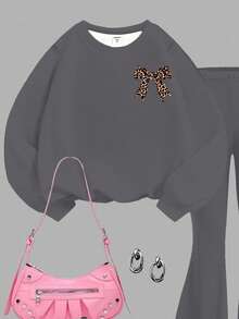 Young Girl 2pcs/Set Vintage Cute Leopard Bow Print Loose Fit Gray Sweatshirt And Flare Leg Autumn Pants Set For Young Girls - Multicolor - View 4