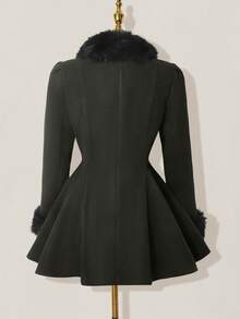 SHEIN ICON 女士优雅双排扣喇叭形人造毛皮拼布夹克，秋冬 - 墨綠色 - 查看 3
