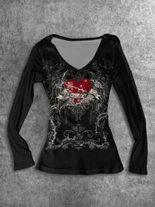 Attitoon Punk Wing Cross Heart Pattern V-Neck Long Sleeve T-Shirt For Women, Y2K Style, Streetwear Vintage. Suitable For Back To School, Retro, Fall, Vacation Casual, Autumn/Winter, Hip-Hop, Core Aesthetic, Gothic Cybersigilism, And Gyaru Style. Goth Goth - White - View 5