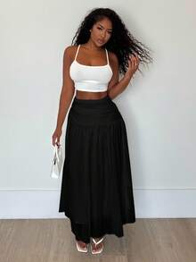 Alexandranx 女士优雅简约白色雪纺 A 字高腰不对称拉链夏季超长沙滩/度假裙 - 黑色 - 查看 5