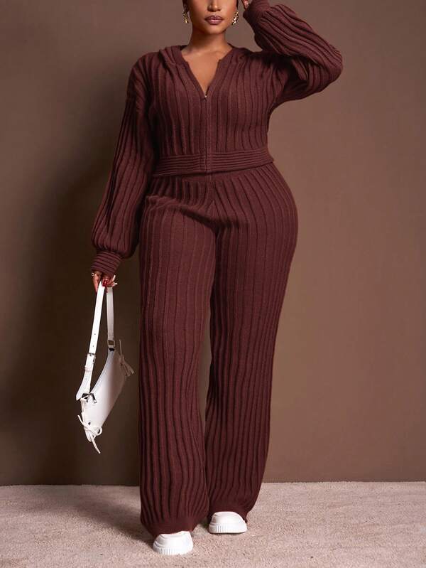 Veslaya 2025 Autumn/Winter New Arrival, Daily Casual & Basic Casual & Everyday Wear & Home & Home Gathering & Family Gathering, Solid Brown, Fitted Long Sleeve Hooded Zip-Up Knit Top And Long Fitted Knit Pants, Women Plus Size Knit 2-Piece Set