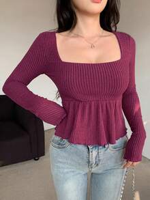 DAZY 1 件女式方领纹理面料 A 字下摆 T 恤，娃娃装上衣长袖女式上衣 - 中紫紅色 - 查看 4