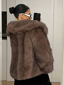 SHEIN ICON Women's Winter Large Lapel Open Front Faux Fur Jacket - Brown - View 2