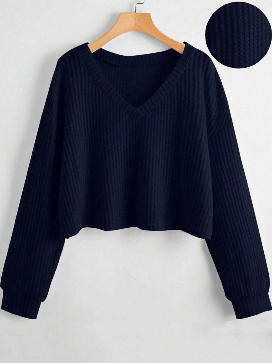 SHEIN Unity Camiseta casual holgada de mujer de manga larga con cuello en V y hombros caídos, de unicolor y de punto acanalado - Azul Marino - Ver 1