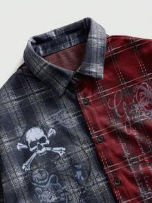 ROMWE MEN Grunge Punk Men's Plaid Skull Shirt Collar Long Sleeve Overcoat - Navy Blue - View 3