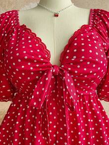 Soleia 大码红色波尔卡圆点扭结休闲T恤 - 紅色 - 查看 4