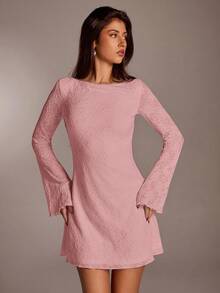 SHEIN Forever 21 复古印花露背长袖迷你连衣裙 - 粉色 - 查看 4