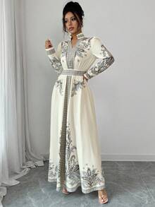 Rafferiza Vintage Floral Print V-Neck Lantern Sleeve Ruffle Hem Dress For Women, Resort & Palace Style