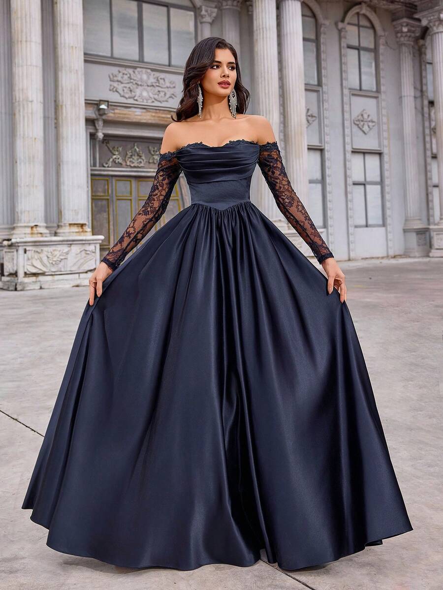 Aureia 优雅奢华黑色露肩薄纱短袖蕾丝边缎面褶皱长裙，适合婚礼、派对、度假、晚宴、约会、正式场合（装饰繁复），情人节也适用。 - 藏蓝色 - 查看 1