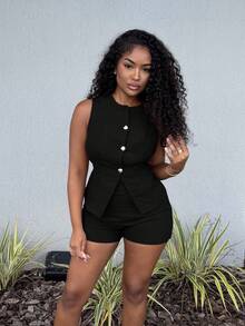 Alexandranx 2pcs Women Elegant Suit Set: Round Neck Vest And Shorts Linen Set Women Short Sets Women 2 Pieces Short Sets Women Linen Short Sets Women Black Linen Shorts Set Women Two Pieces Linen Set Linen Short For Women 2 Pieces Linen Summer Set In Fall/Winter - Black - View 1