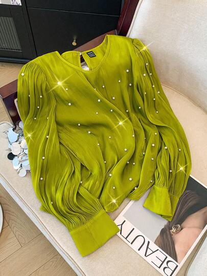 GlowEve Blusa de lujo francesa con cuentas para mujer, talla estándar