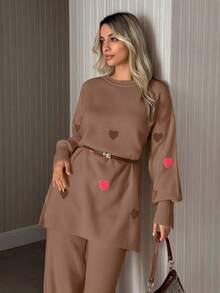EURMUSE Women Heart Embroidery Balloon Sleeve Sweater And Pant Knit Set