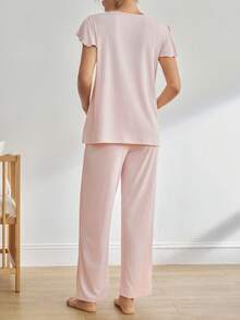 Moonlight&Mama Maternity Solid Color Cap Sleeve Top And Pants Pajama Set - Pink - View 2