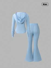 Sweetra Teen GirlCasual Hooded Zip-Up Cardigan And Flared Leg Fitted Pants Set, Light Blue Fall Winter - Baby Blue - View 2