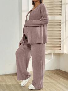 SHEIN 两件套孕妇休闲纯色上衣和裤子套装