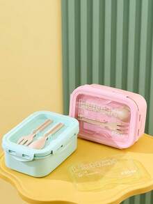 Joivida 1pc Lunch Box With Two Compartments, Built-In Cutlery Set, Reusable And Microwave Heated (With Lid Removed), Suitable For Kitchen, Outdoor, School Supplies, And Kitchen Utensils - Multicolor - View 8