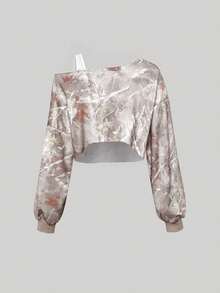 Sweetra Branch Print Bicolor Asymmetrical Neck Cropped Sweatshirt For Women Graduation,Back To School,Graduation,Teacher,Back To School Pullover Fall - Multicolor - View 3