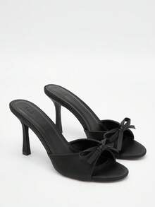 CUCCOO DOLLMOD Women Bow Decor Mules, Satin Stiletto Heeled Glamorous Sandals Black Vacation Shoes Summer Back To School Shoes College Student Shoes Spring Shoes Spring Break Easter Prom Heels