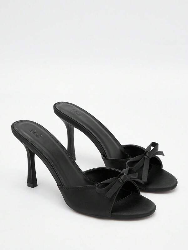 CUCCOO DOLLMOD Women Bow Decor Mules, Satin Stiletto Heeled Glamorous Sandals Black Vacation Shoes Summer Back To School Shoes College Student Shoes Spring Shoes Spring Break Easter Prom Heels