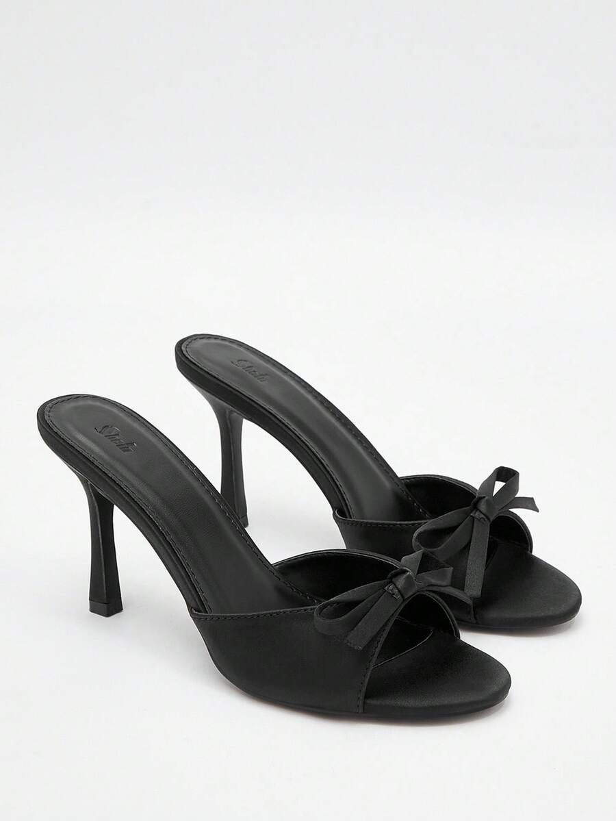 CUCCOO DOLLMOD Women Bow Decor Mules, Satin Stiletto Heeled Glamorous Sandals Black Vacation Shoes Summer Back To School Shoes College Student Shoes Spring Shoes Spring Break Easter Prom Heels