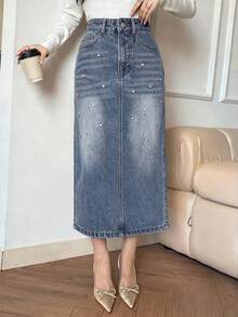 DAZY Women's Rhinestone Embellished Straight Cut Slit Skirt, Casual City Style Denim Skirtt