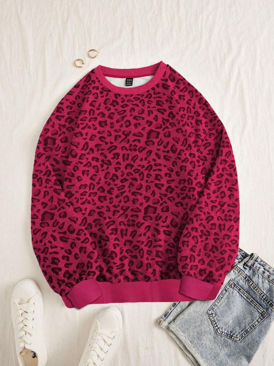 INAWLY 女士休闲豹纹圆领长袖运动衫，秋季 - 玫紅色 - 查看 1