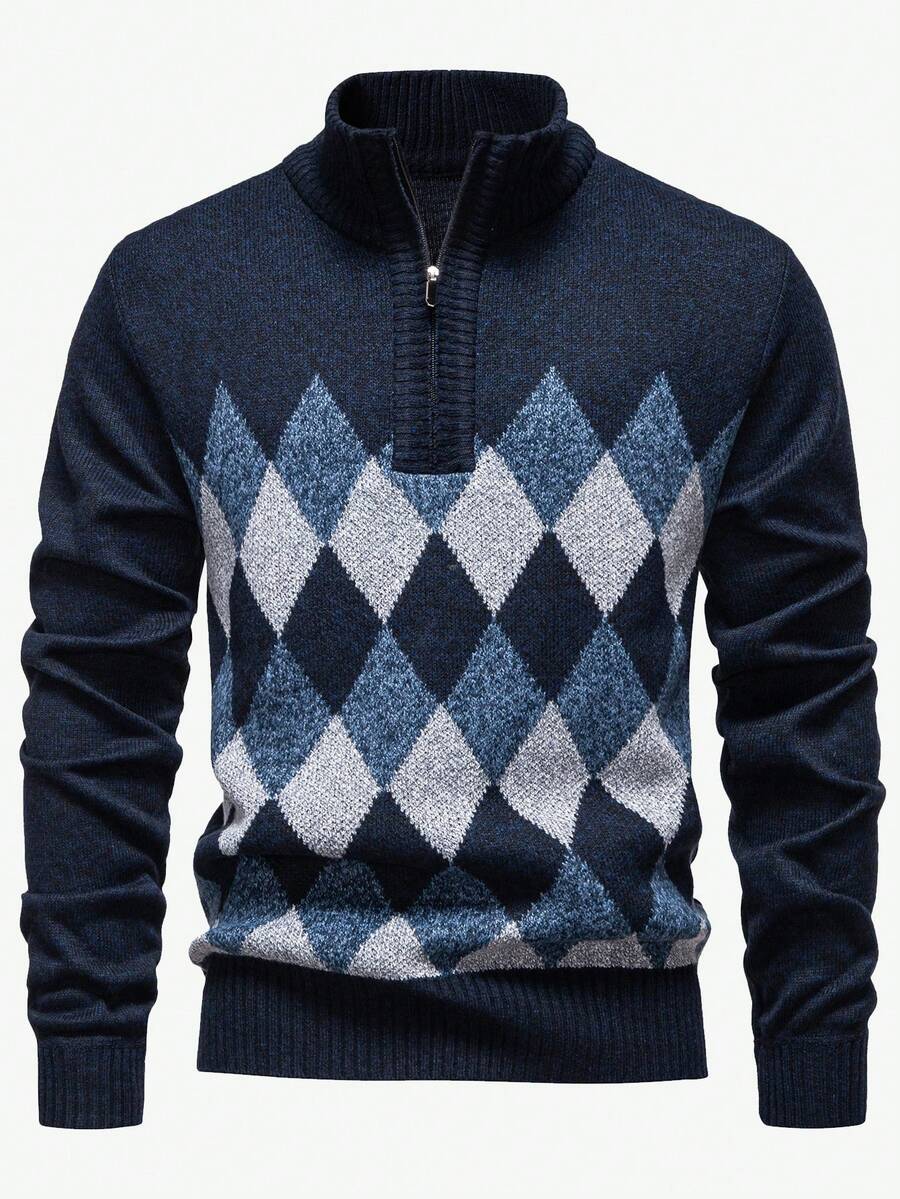 Manfinity Homme Men's Casual Diamond Pattern Stand Collar Sweater, Autumn/Winter Navy Blue Sweater Quarter Zip Sweater Men, Long Sleeve Top - Navy Blue - View 1