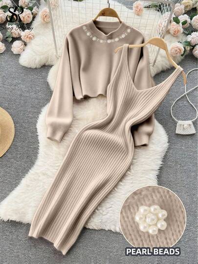 Franclia Conjunto elegante de 2 piezas para mujer: Suéter de manga larga con decoración de flores de perlas falsas y vestido de punto sin mangas, otoño/invierno