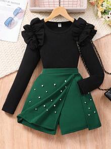 Tween Girl 荷叶边肩长袖上衣 + 短裙套装 - 綠色 - 查看 4