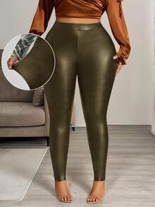Hourglow Pantalones de otoño para mujer, pantalones de cintura alta de unicolor de piel sintética de talla grande para mujer, para la temporada de otoño/invierno, para silueta de reloj de arena - Verde - Ver 1
