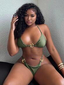 Alexandranx 女士纯色时尚性感比基尼套装夏季 - 軍綠色 - 查看 6