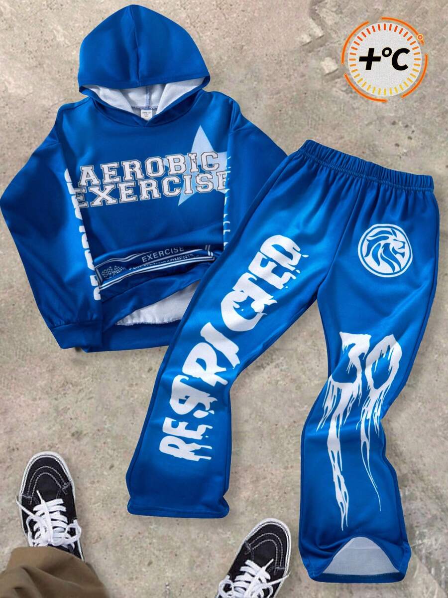 SHEIN Bộ 2 món áo hoodie rộng rãi phối quần ống loe phong cách đường phố thể thao Y2K, phù hợp cho mùa thu/đông, họa tiết ngôi sao và chữ vẽ tay Graffiti. - Nhiều màu - Xem 1