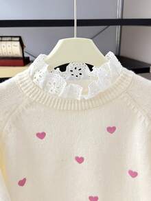 SHEIN Tween Girls' Casual Homewear Pullover Sweater, Elegance Embroidered Lace Trim Heart Embroidery Loose Raglan Sleeve Soft Thick Pullover Teen Girls Sweaters Teen Girl Cute Tops Kids Sweaters Girls Knitted Top - Hot Pink - View 3