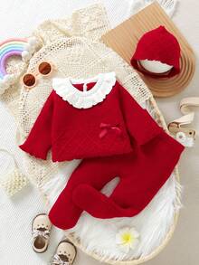 3件套婴儿酒红色毛衣套装：荷叶边领蝴蝶结毛衣+新生儿打底裤+帽子，可爱休闲风红色婴儿针织套装，女婴红色针织套装，女婴圣诞套装，红色婴儿套装，女婴冬季服装套装，红色女婴套装，女婴针织套装，婴儿套装，秋冬季两件套，女婴保暖套装，两件套婴儿套装 - 酒紅色 - 查看 6