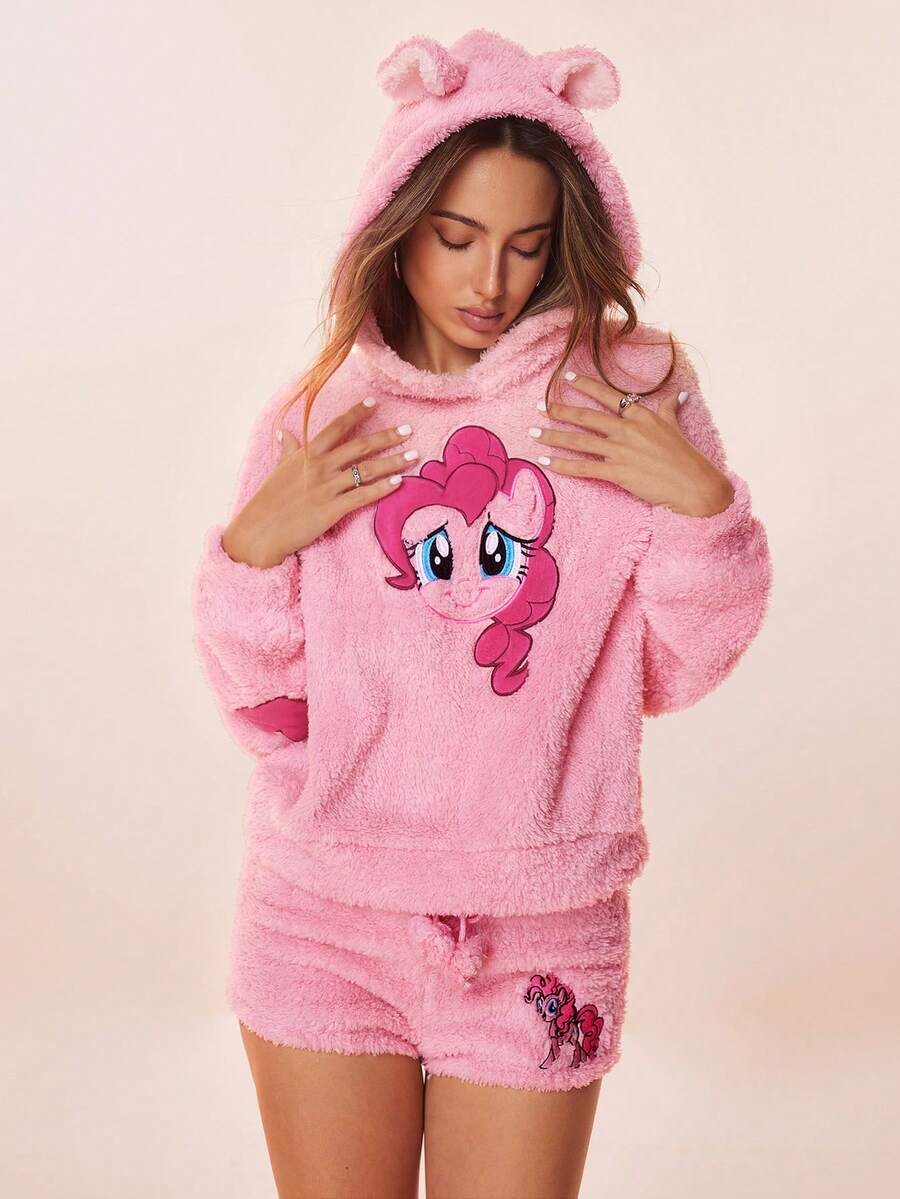 My Little Pony X SHEIN 女士休闲可爱卡通刺绣法兰绒连帽衫和抽绳腰短裤套装，秋冬 - 粉色 - 查看 1