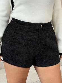 Dazy Plus Fashionable & Elegant Solid Black Thick Shiny Fitted Plus Size Women Shorts, Autumn/Winter - Black - View 5